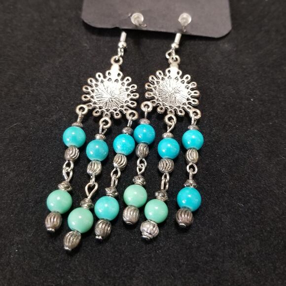 Tibetan Alloy Sun Chandeliers Dangle Earrings Silver & Turquoise Beards - Picture 2 of 3